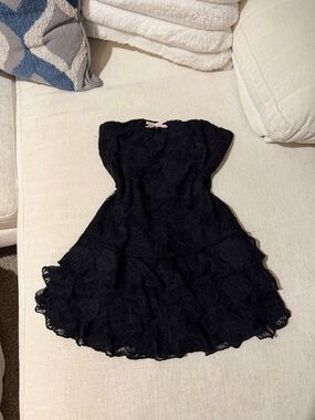 Windsor Black Lace Strapless Ruffled Party Dress with Pink Bow